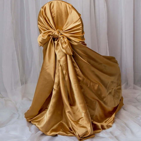 Satin Chair Cover Self-Tie Universal Design Gold - Durable Slip-On Cover for Folding, Dining, Banquet & Standard Chairs