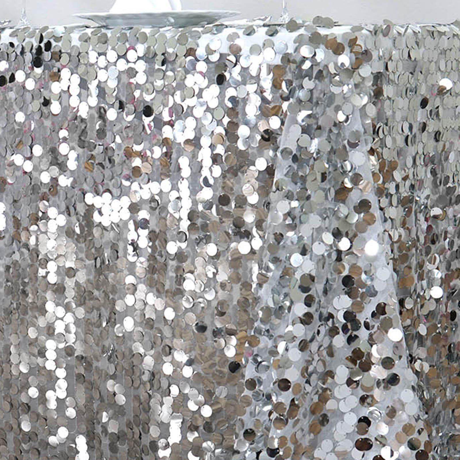Sequin 90"x156" Rectangle Tablecloth Silver - Seamless Big Payette Table Cover