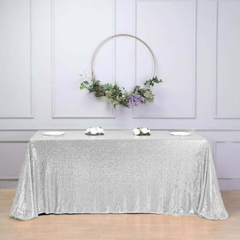 Sequin 90"x156" Rectangle Tablecloth Silver - Seamless Twinkling Table Cover