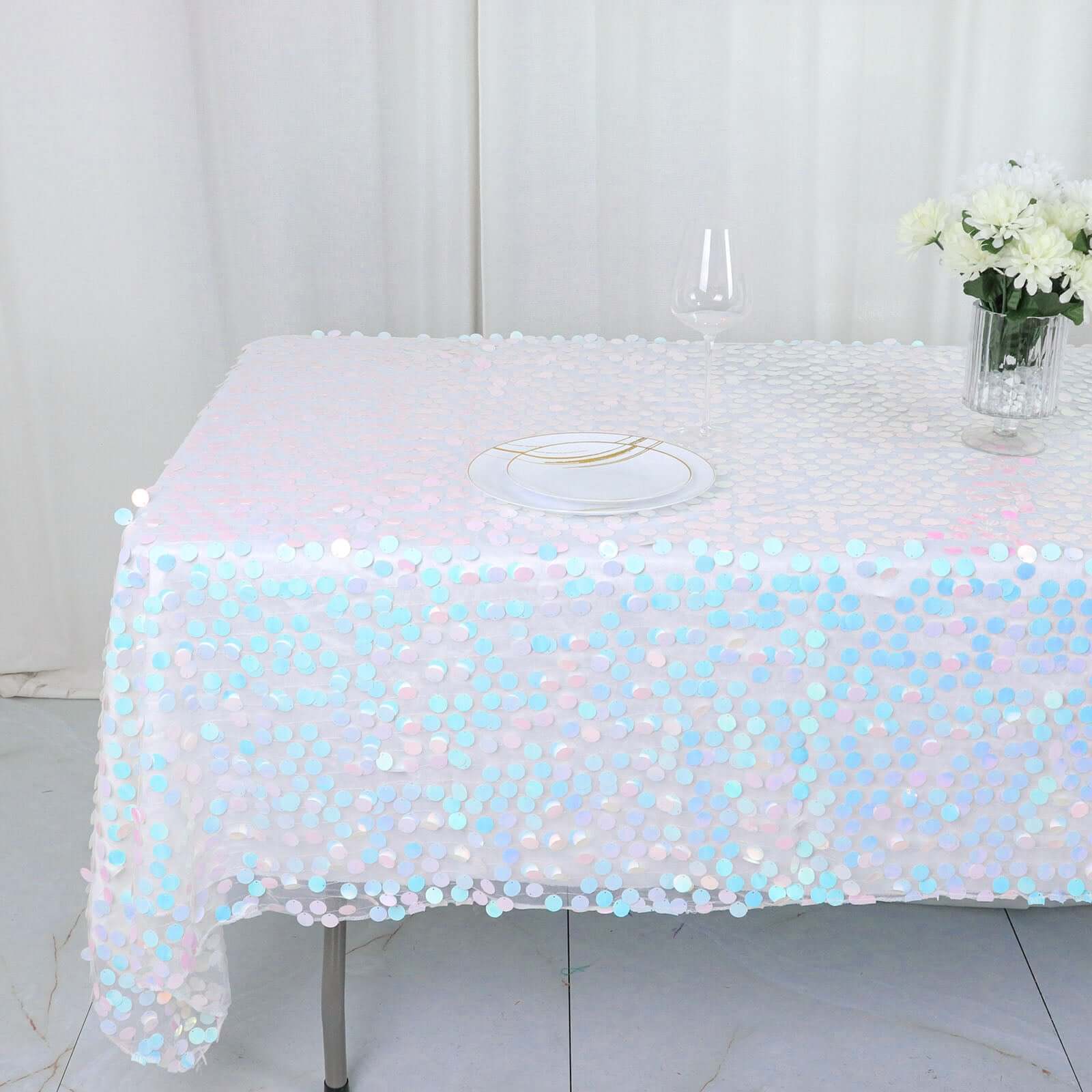 Sequin 60"x102" Rectangle Tablecloth Iridescent Blue - Big Payette Design for Modern Gatherings