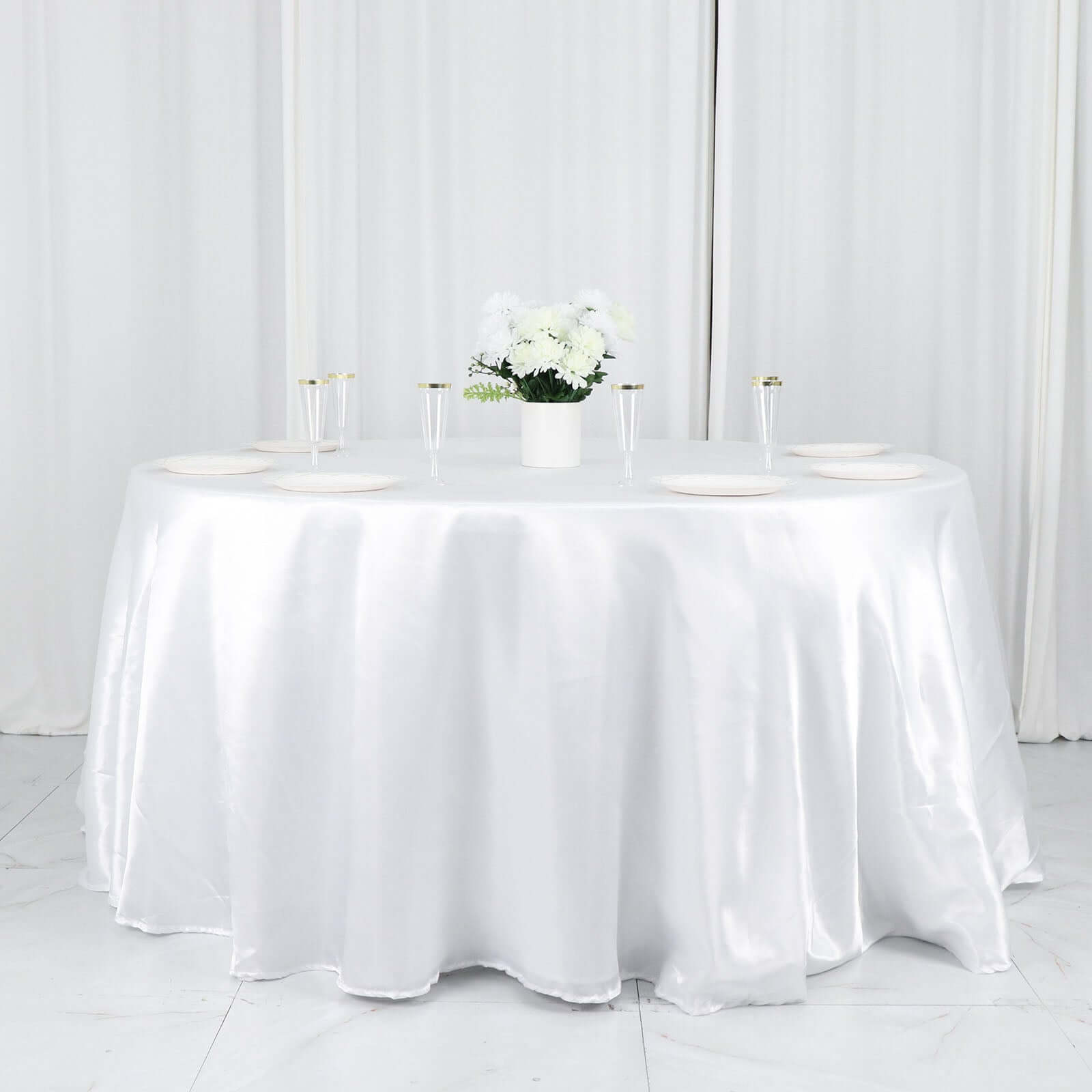 Satin 132" Round Tablecloth White - Stylish Seamless Table Cover for Weddings & Events