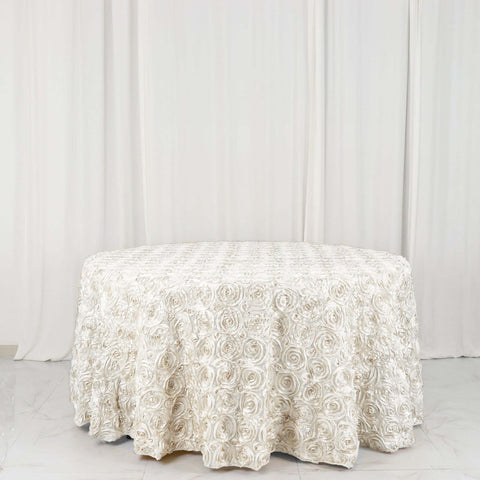 Satin 120" Round Tablecloth Ivory - Grandiose 3D Rosette with Seamless Finish Table Cover