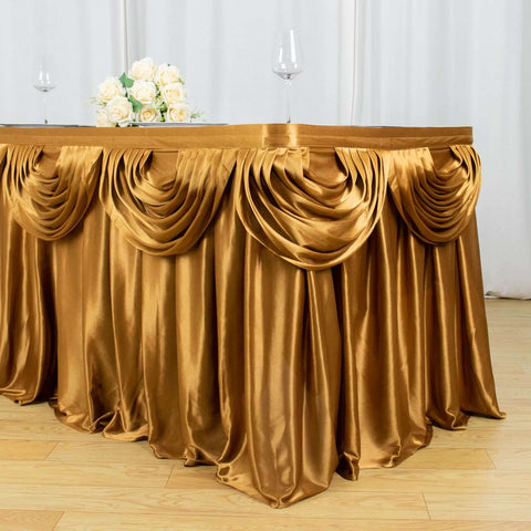 Satin 14ft Table Skirt Gold Pleated Double Drape Design - Soft & Graceful for Events
