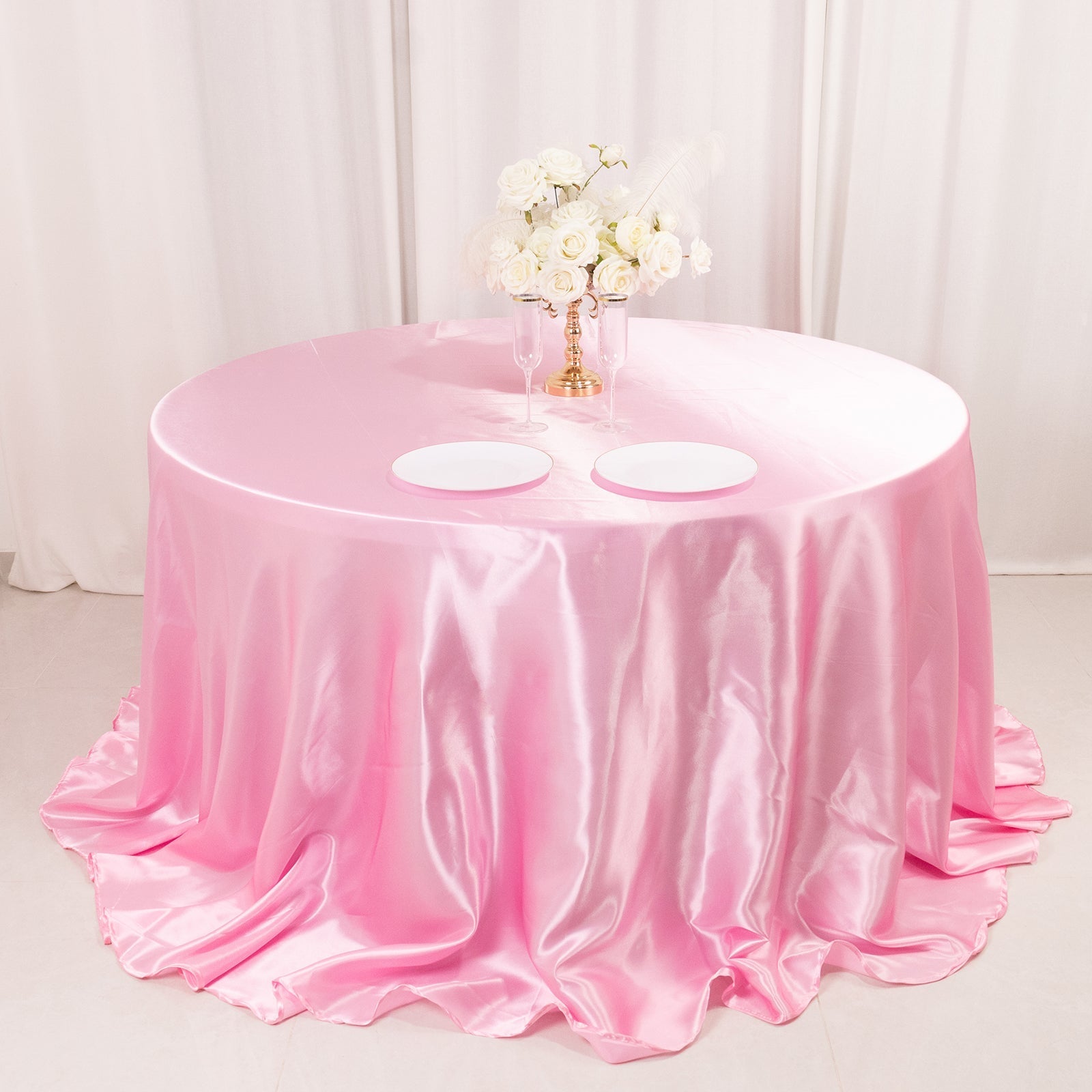 Satin 132" Round Tablecloth Pink - Stylish Seamless Table Cover