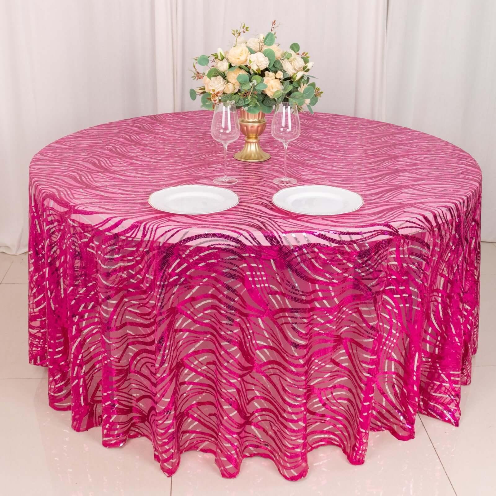 Sequin Mesh 120" Round Tablecloth Fuchsia/Silver - Seamless Wave Embroidered Table Cover