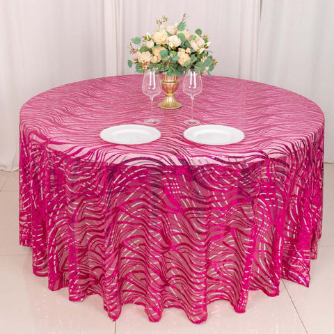 Sequin Mesh 120" Round Tablecloth Fuchsia/Silver - Seamless Wave Embroidered Table Cover