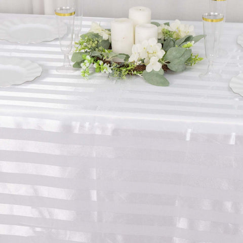 Satin Striped 90"x132" Rectangular Tablecloth White - Seamless Silky Smooth Wedding Decor