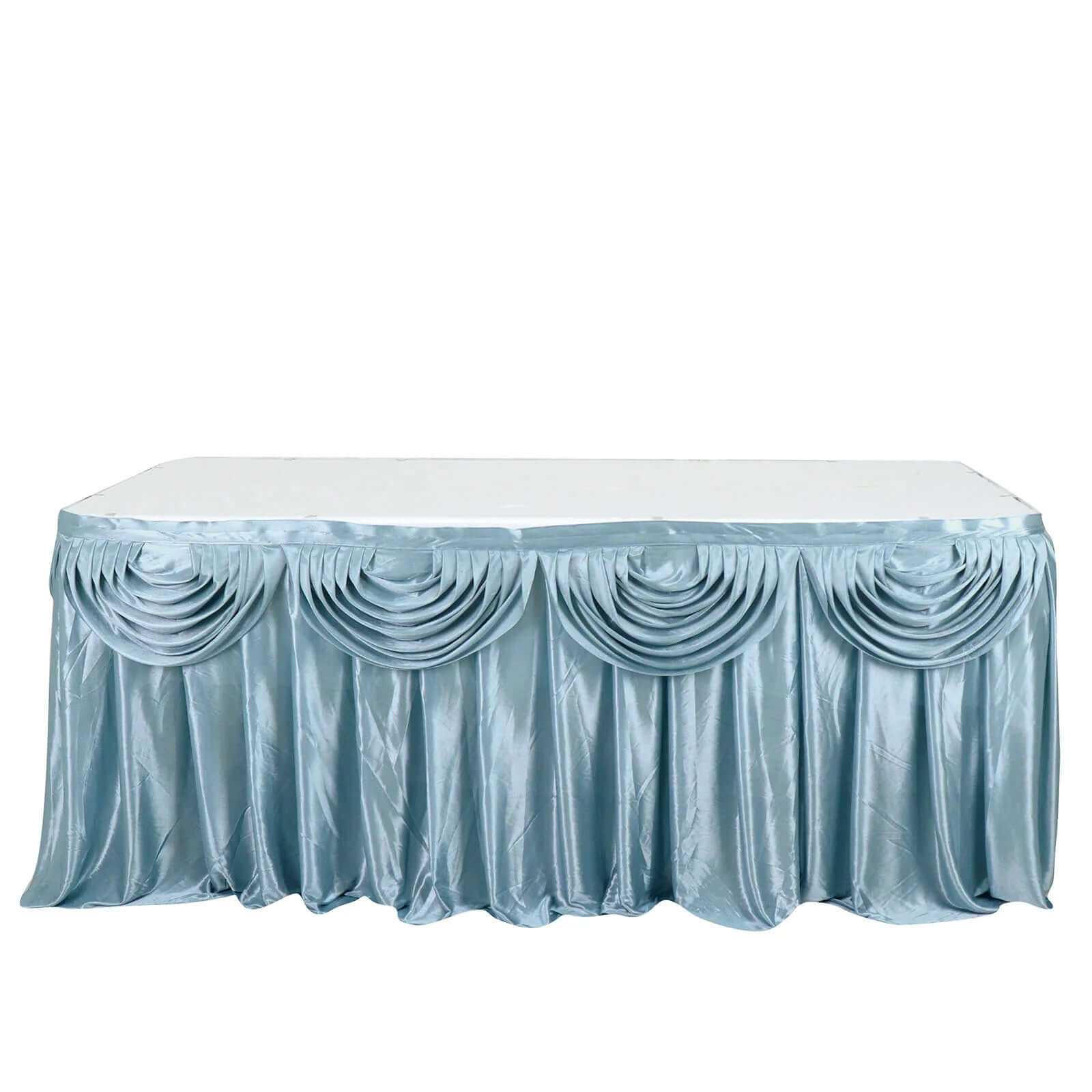 Satin 14ft Table Skirt Dusty Blue - Pleated Double Drape Table Cover