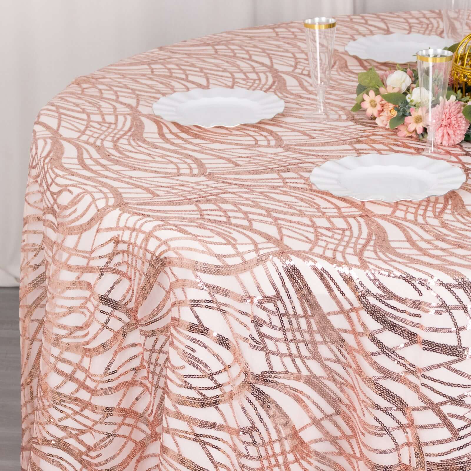 Sequin Mesh 120" Round Tablecloth Rose Gold - Seamless Wave Embroidered Table Cover