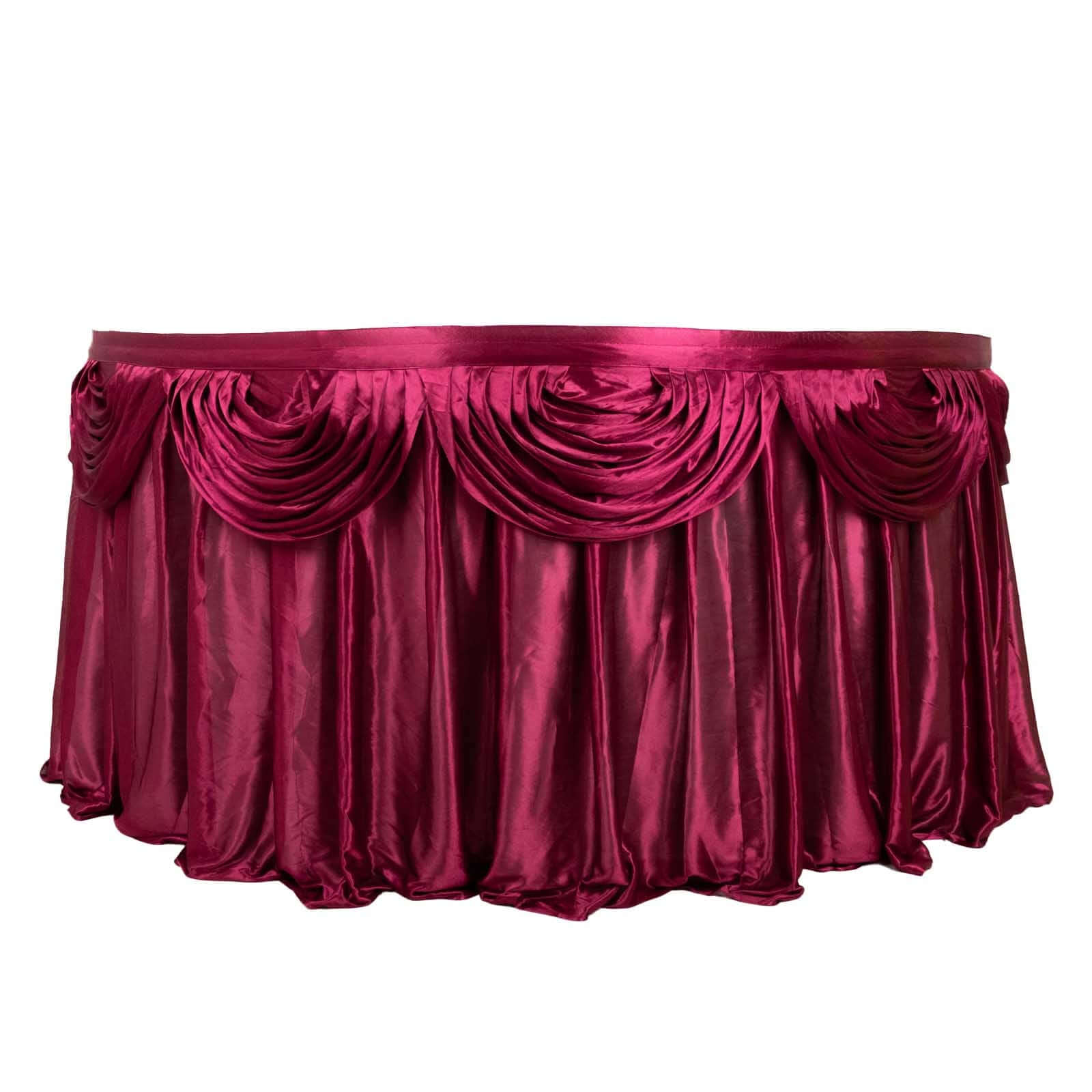 Satin 14ft Table Skirt Burgundy - Pleated Double Drape Table Cover