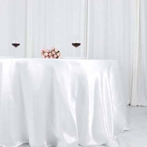 Satin 132" Round Tablecloth White - Stylish Seamless Table Cover for Weddings & Events