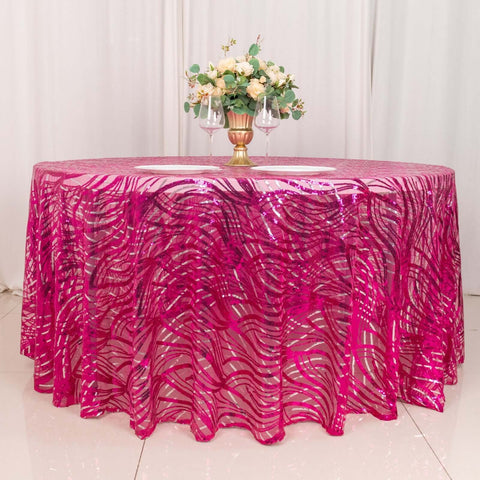 Sequin Mesh 120" Round Tablecloth Fuchsia/Silver - Seamless Wave Embroidered Table Cover