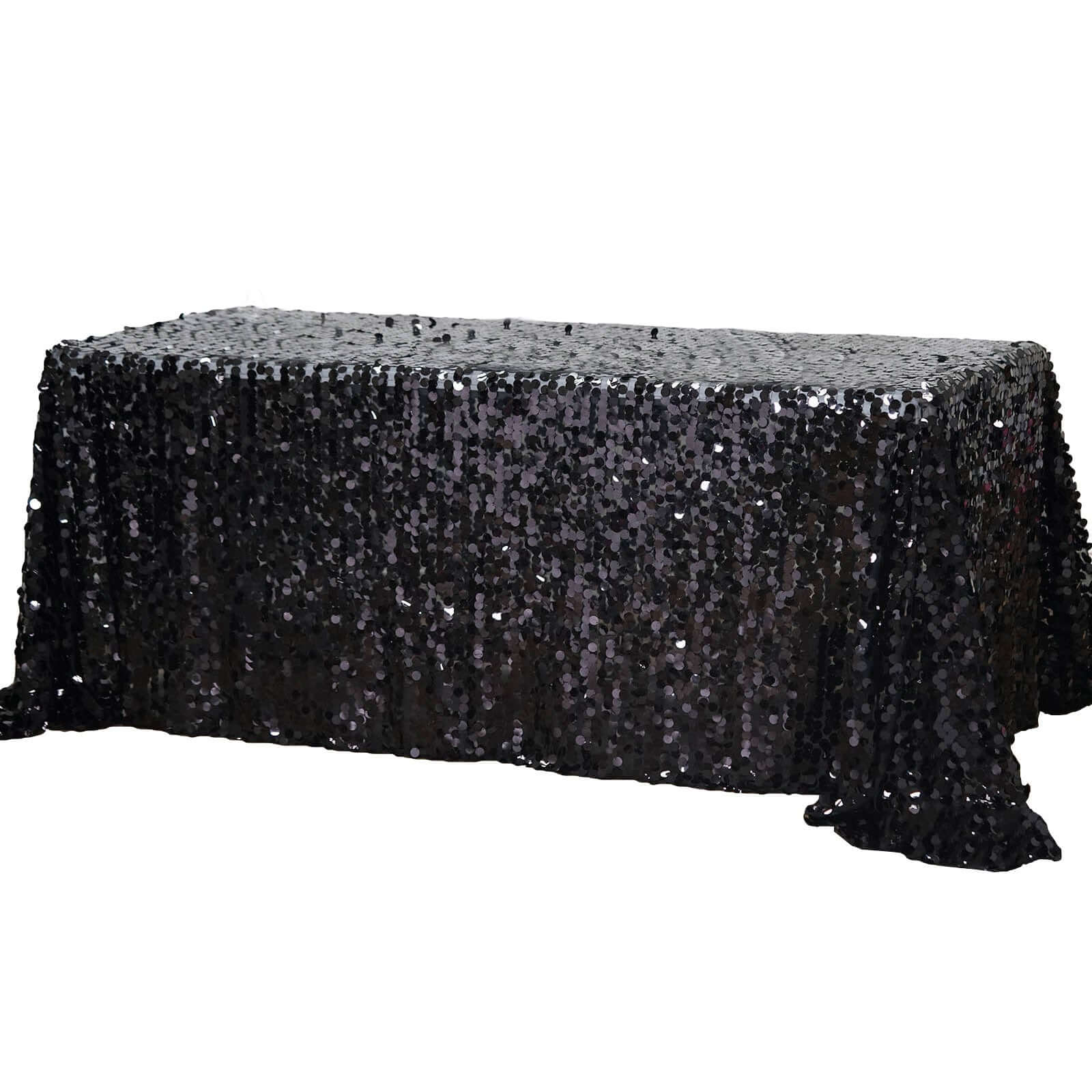 Sequin 90"x132" Rectangle Tablecloth Black - Seamless Big Payette Design for Sophisticated Occasions