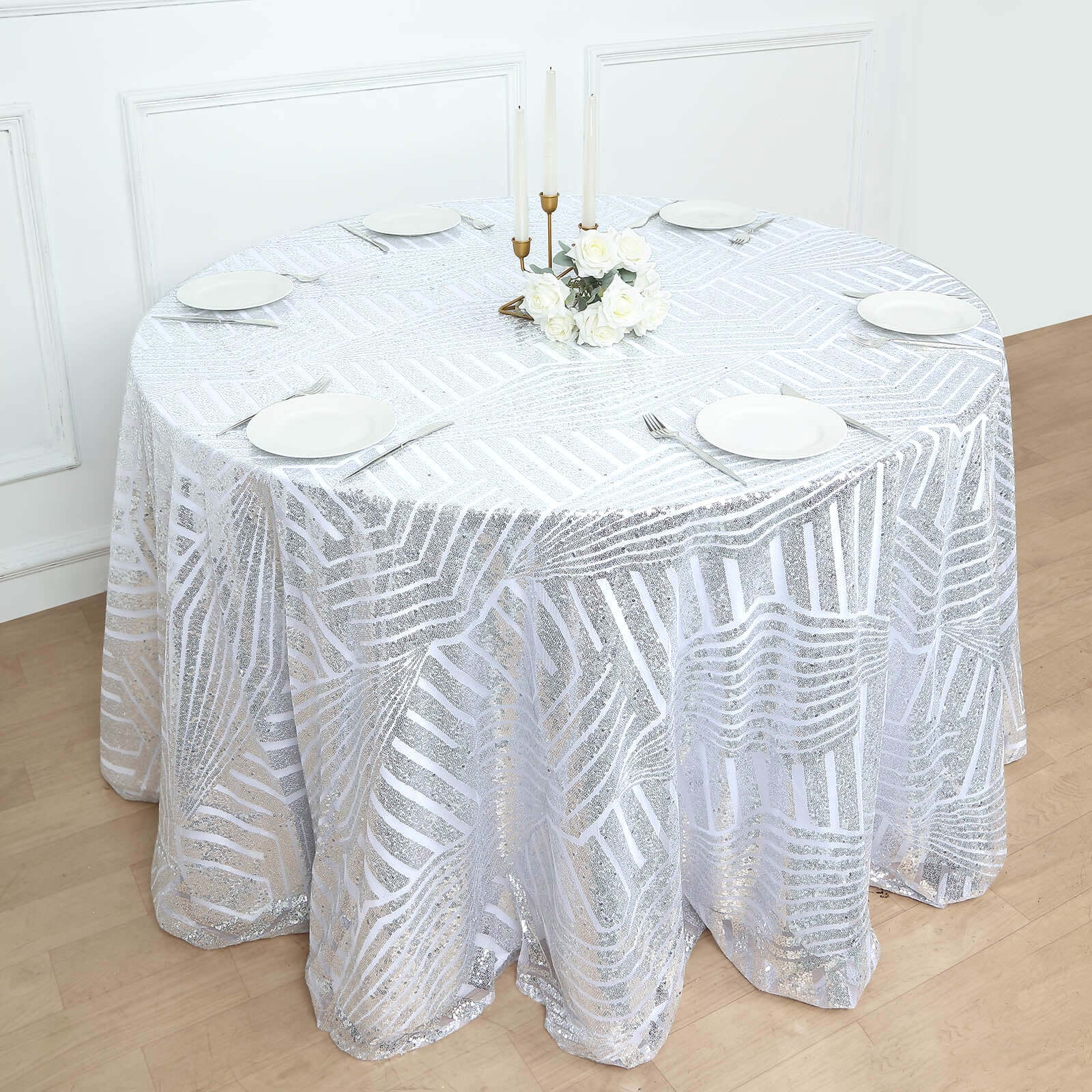 Sequin 120" Round Tablecloth Silver - Seamless Diamond Glitz Table Cover