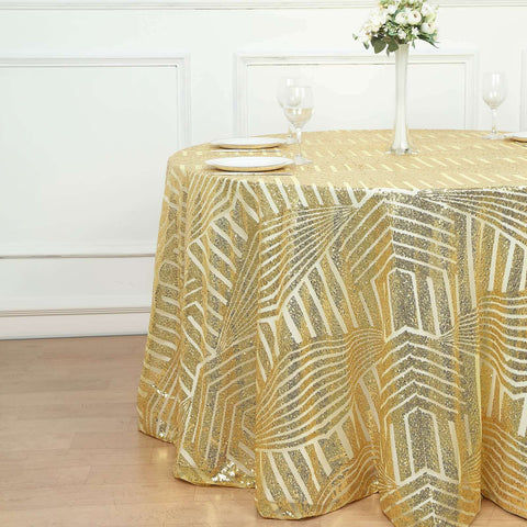 Sequin 120" Round Tablecloth Gold - Seamless Diamond Glitz Design for Glamorous Gatherings