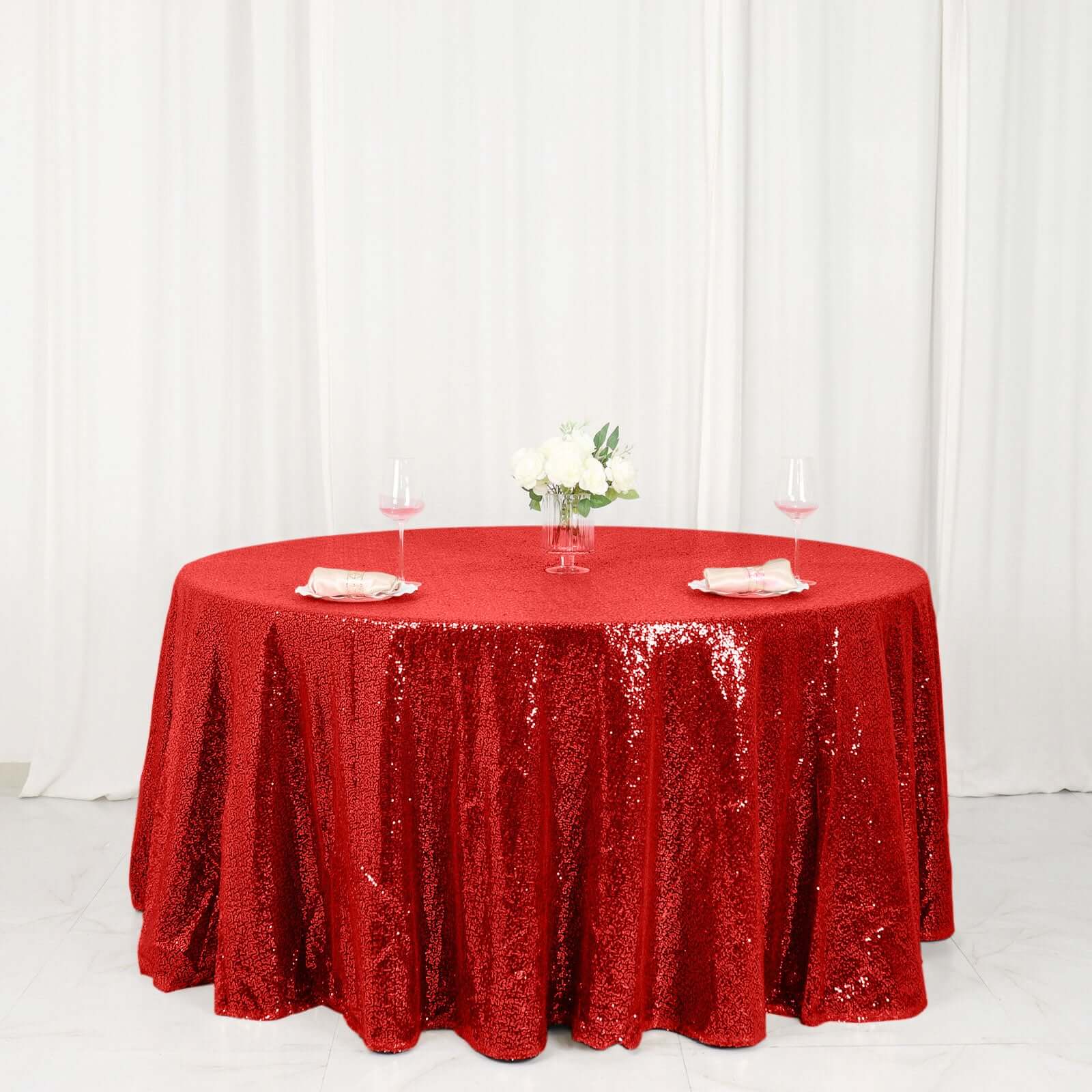 Sequin 120" Round Tablecloth Red - Seamless Glittering Table Cover