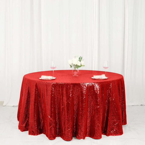 Sequin 120" Round Tablecloth Red - Seamless Glittering Table Cover
