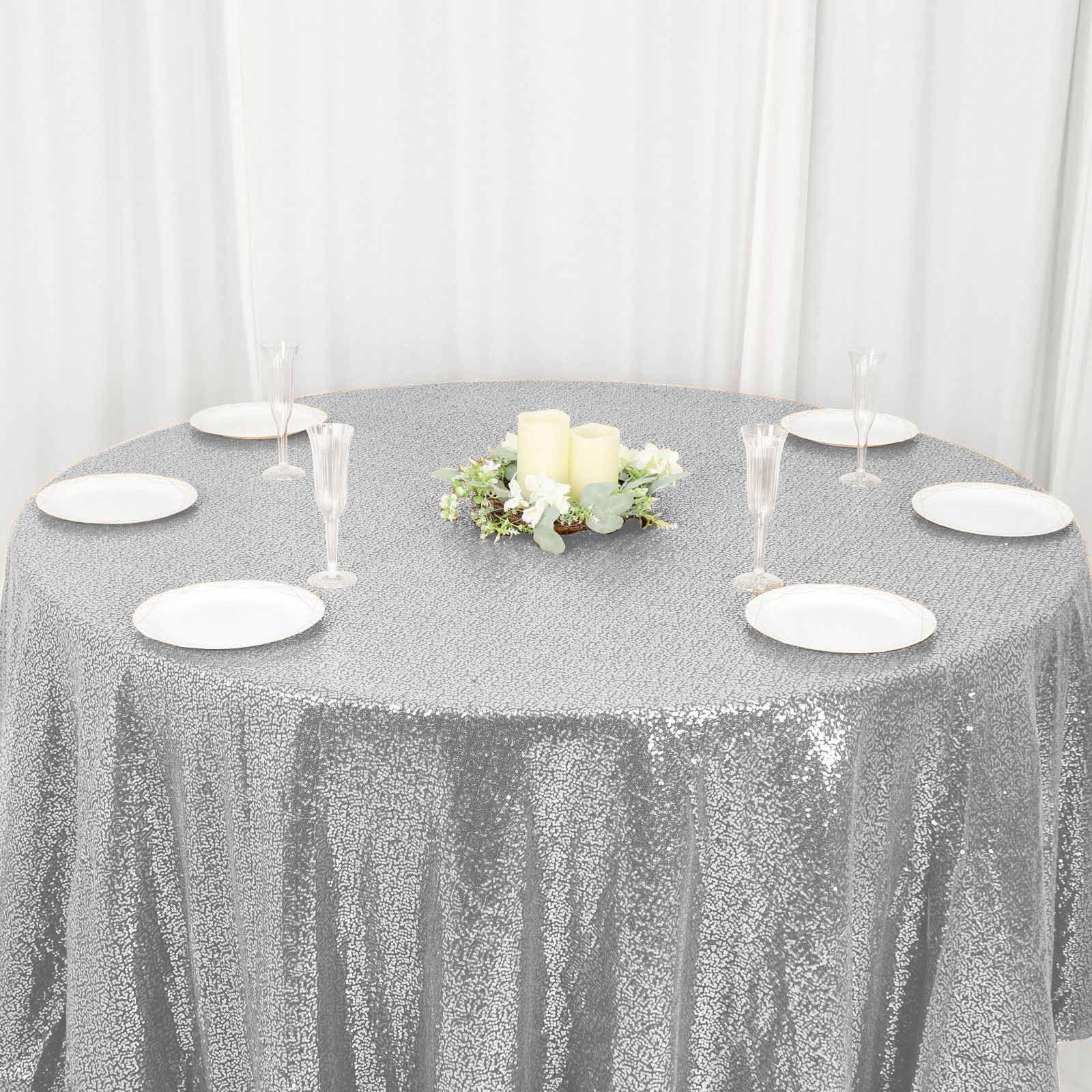 Sequin 120" Round Tablecloth Silver - Seamless Glittering Table Cover