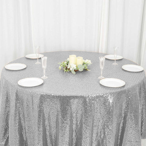 Sequin 120" Round Tablecloth Silver - Seamless Glittering Table Cover