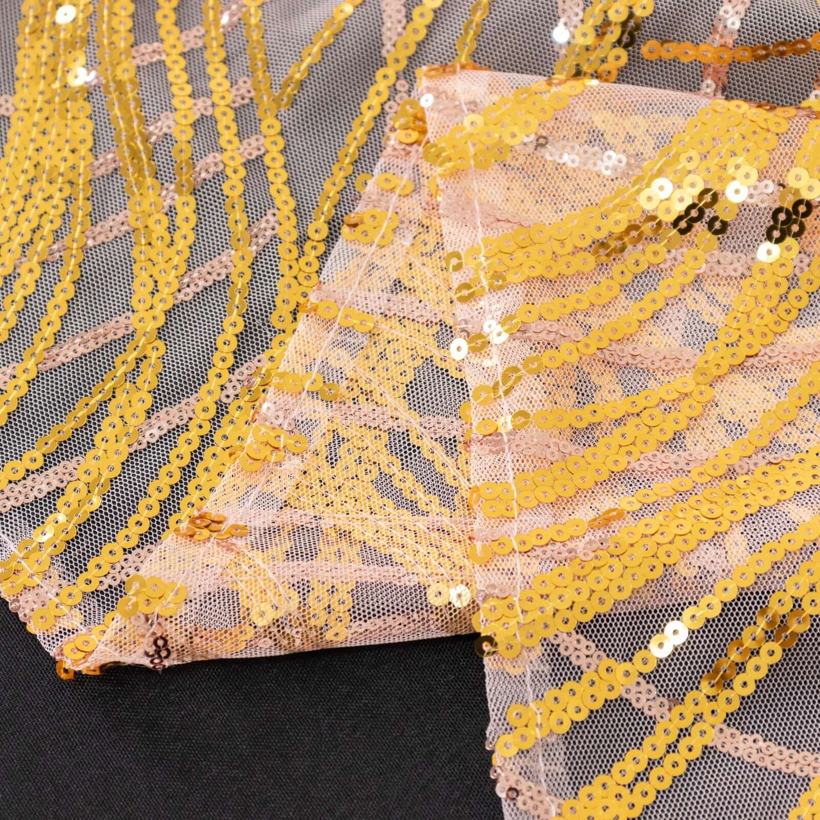 Sequin Mesh 120" Round Tablecloth Rose Gold/Gold - Seamless Wave Embroidered Table Cover