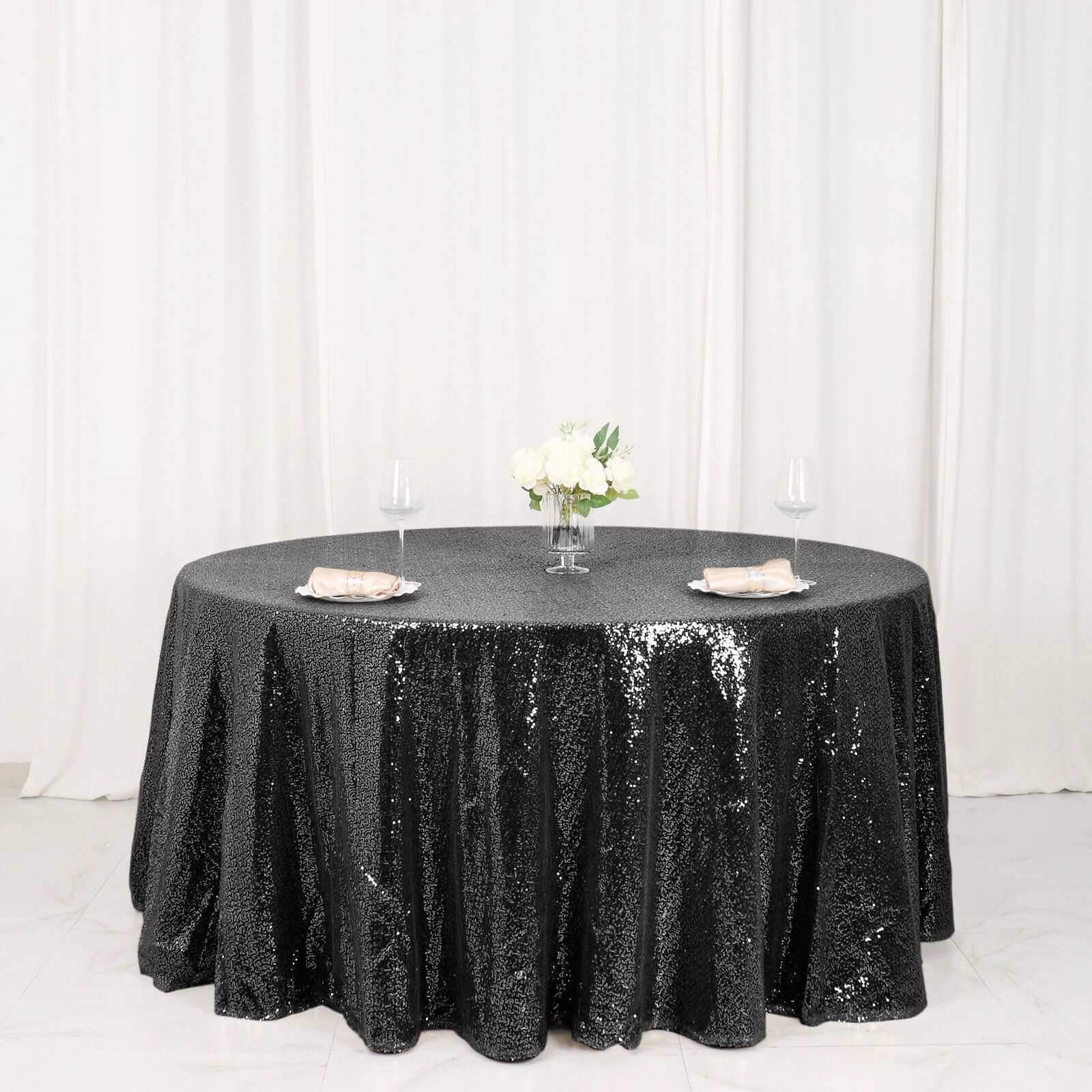 Sequin 120" Round Tablecloth Black - Seamless Glittering Table Cover