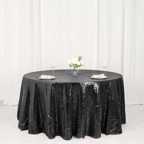 Sequin 120" Round Tablecloth Black - Seamless Glittering Table Cover