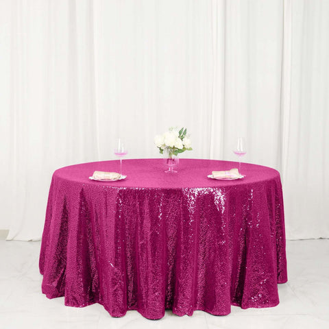Sequin 120" Round Tablecloth Fuchsia - Seamless Glittering Table Cover