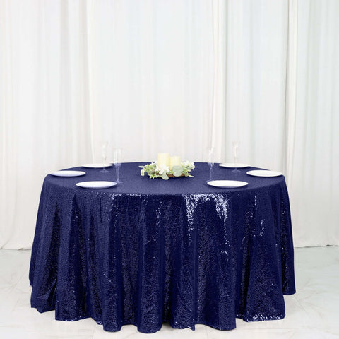 Sequin 120" Round Tablecloth Navy Blue - Seamless Glittering Table Cover