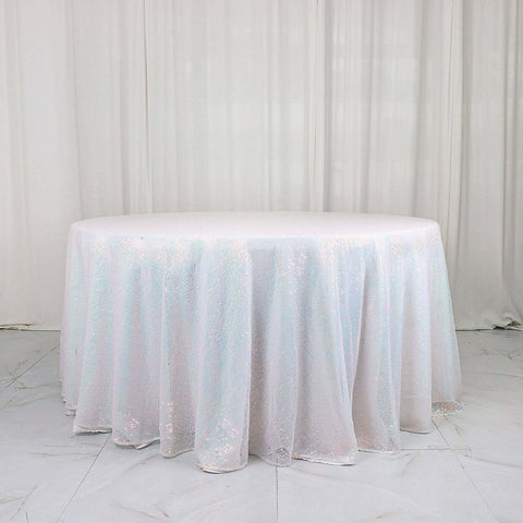 Sequin 120" Round Tablecloth Iridescent Blue - Seamless Glittering Table Cover