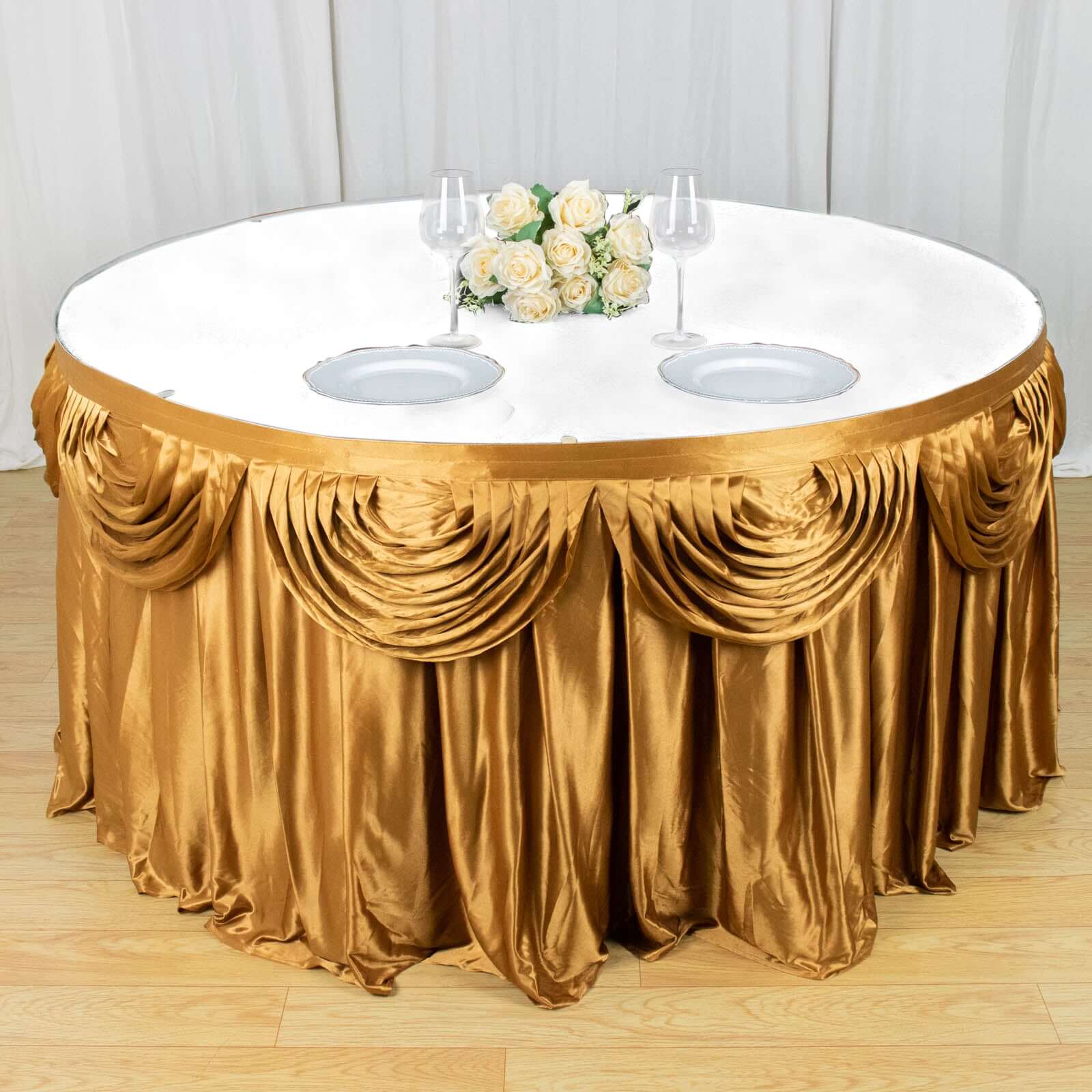 Satin 14ft Table Skirt Gold Pleated Double Drape Design - Soft & Graceful for Events