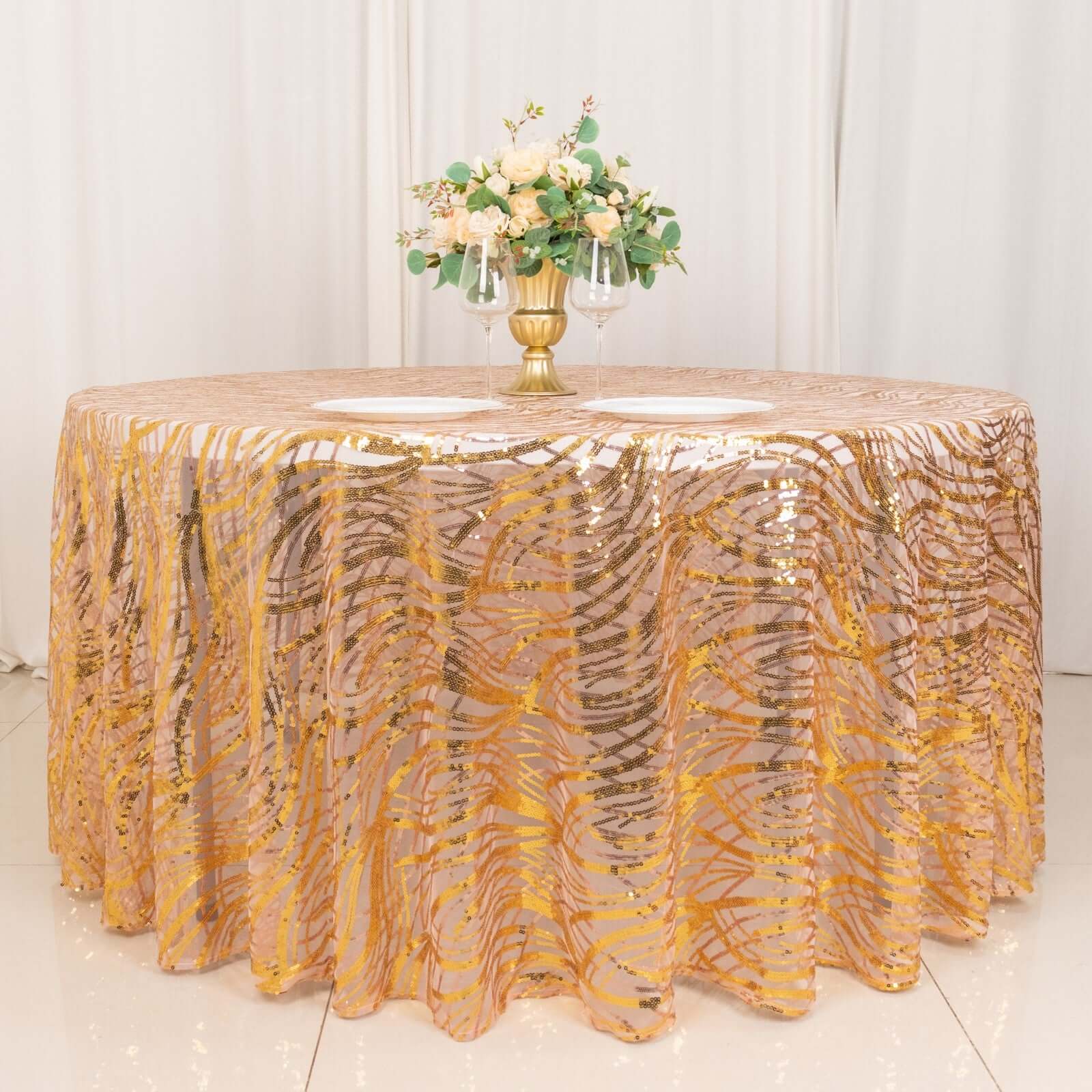 Sequin Mesh 120" Round Tablecloth Rose Gold/Gold - Seamless Wave Embroidered Table Cover
