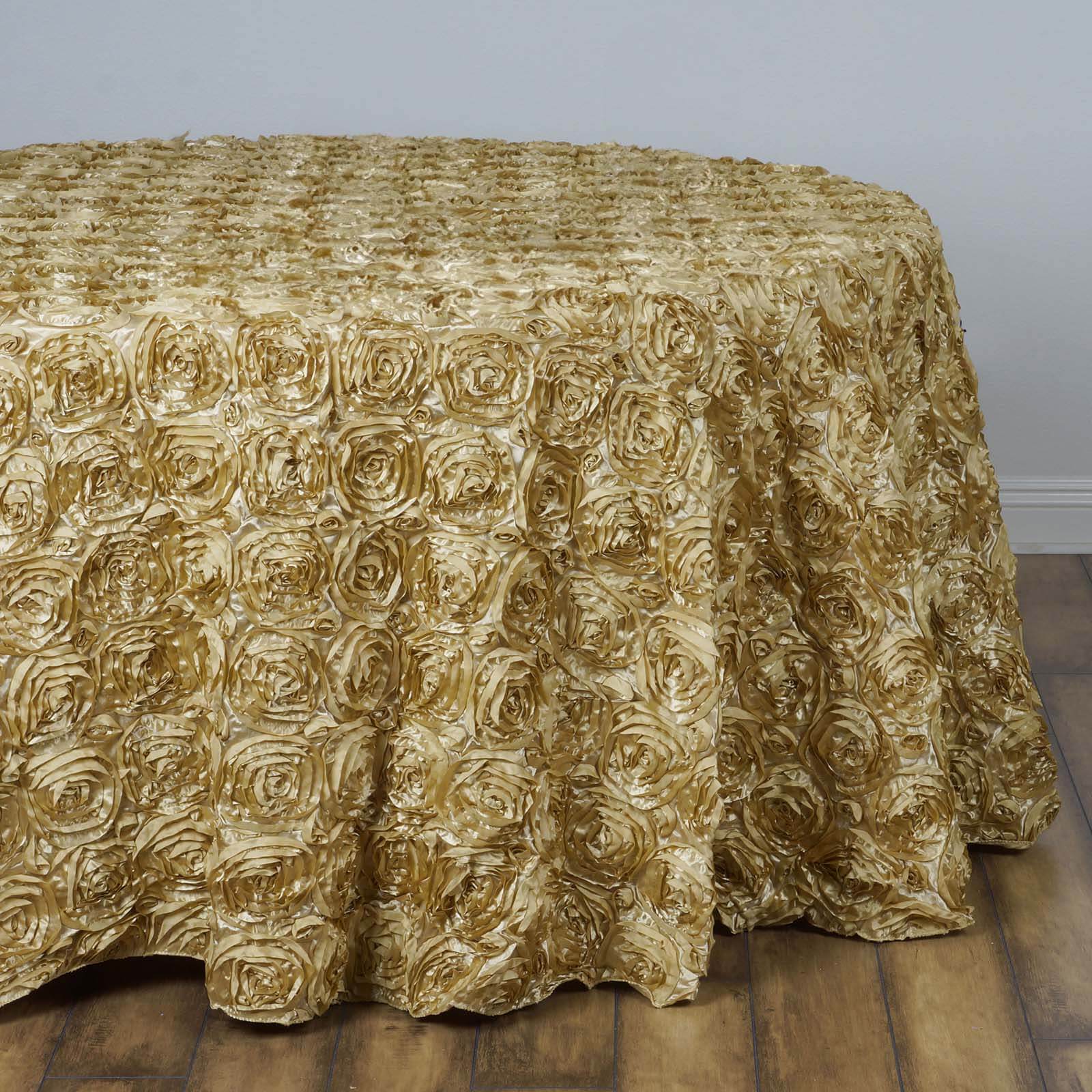 Satin 132" Round Tablecloth Champagne - Seamless Grandiose 3D Rosette Table Cover