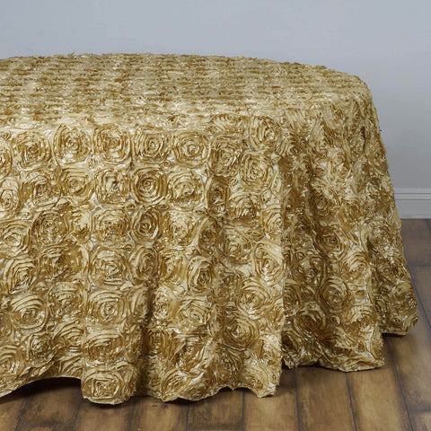 Satin 132" Round Tablecloth Champagne - Seamless Grandiose 3D Rosette Table Cover