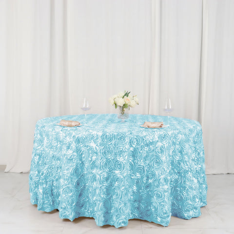 Satin 120" Round Tablecloth Light Blue - Grandiose 3D Rosette with Seamless Finish Table Cover
