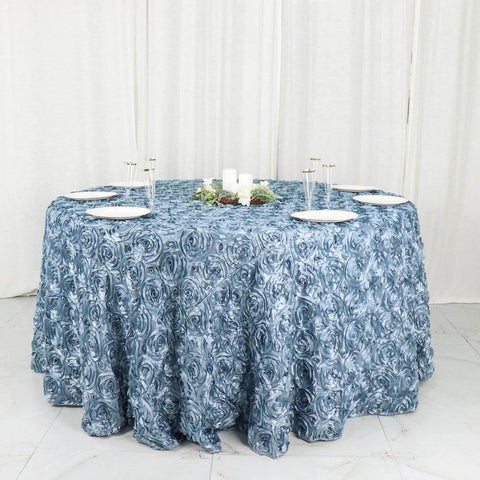 Satin 120" Round Tablecloth Dusty Blue - Grandiose 3D Rosette with Seamless Finish Table Cover