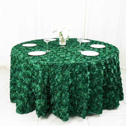 Satin 120" Round Tablecloth Hunter Emerald Green - Grandiose 3D Rosette with Seamless Finish Table Cover