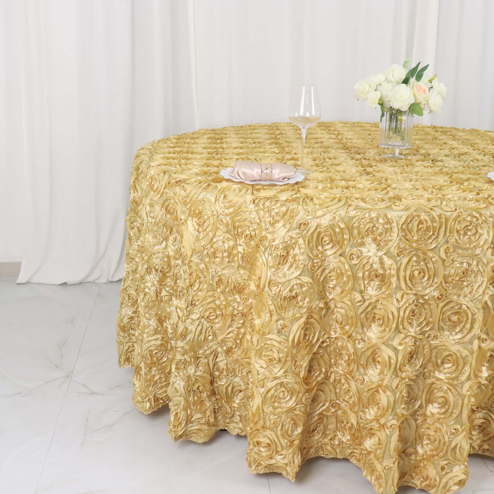 Satin 120" Round Tablecloth Champagne - Grandiose 3D Rosette with Seamless Finish Table Cover