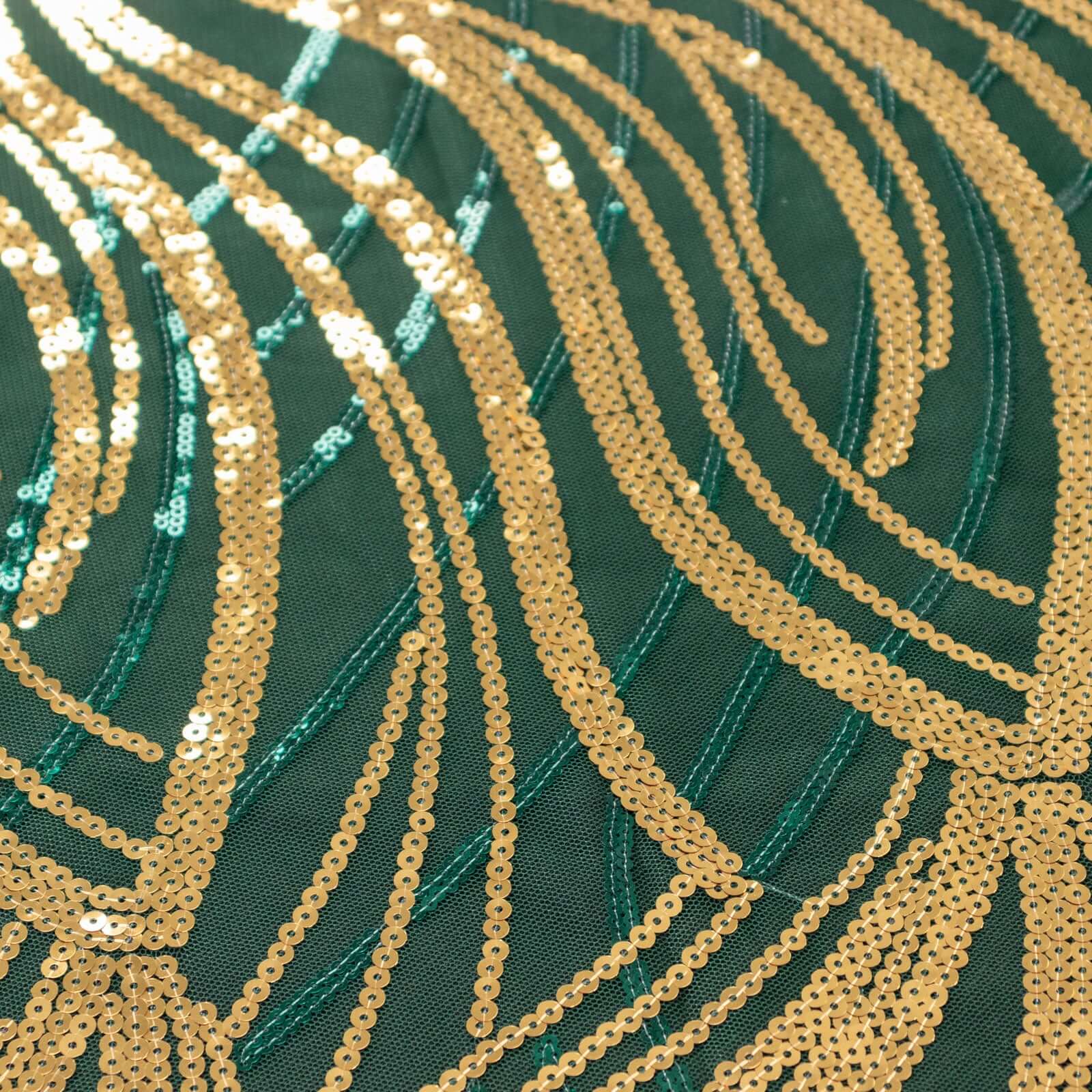 Sequin Mesh 120" Round Tablecloth Hunter Emerald Green/Gold - Seamless Wave Embroidered Table Cover