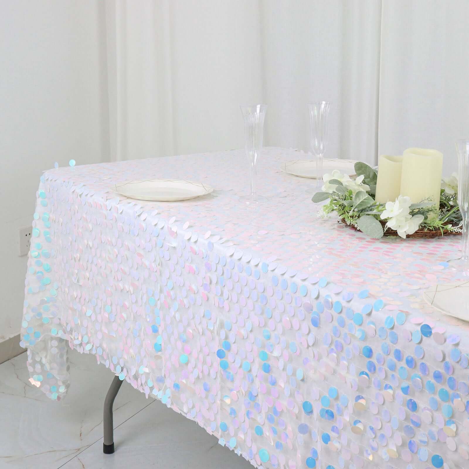 Sequin 60"x102" Rectangle Tablecloth Iridescent Blue - Big Payette Design for Modern Gatherings