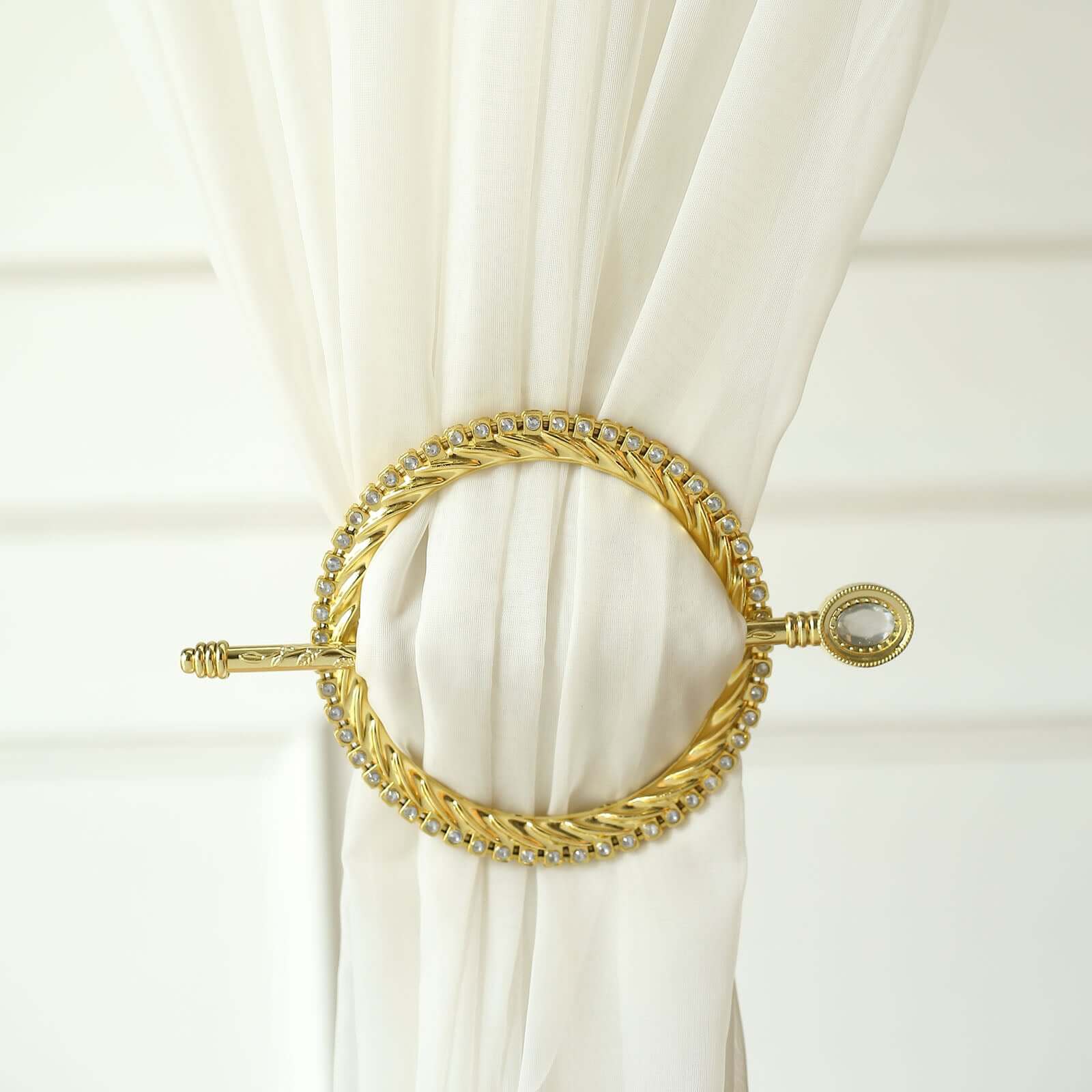 Set of 2 6" Gold Acrylic Braided Barrette Style Curtain Tie Backs With Crystal Diamond Studded Edge, Round Backdrop Drapery Brooch Holdbacks
