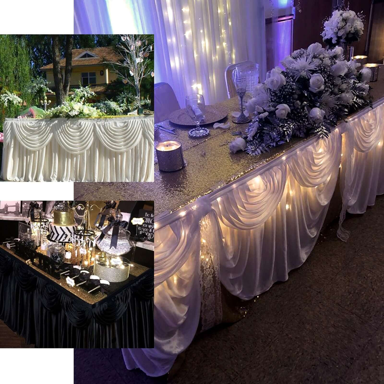 Satin 14ft Table Skirt Ivory - Pleated Double Drape Table Cover