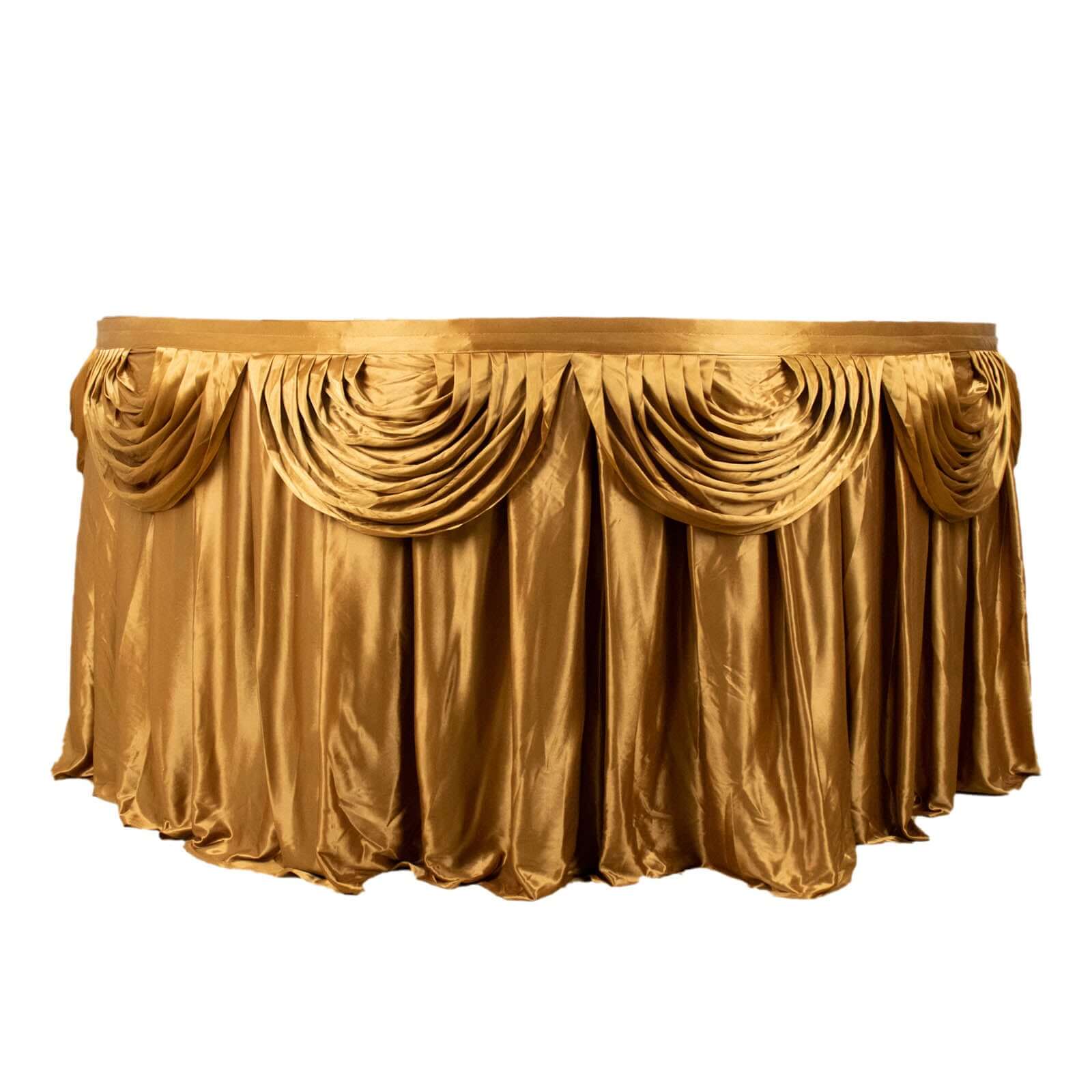 Satin 14ft Table Skirt Gold Pleated Double Drape Design - Soft & Graceful for Events
