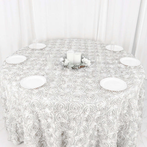 Satin 120" Round Tablecloth White - Grandiose 3D Rosette Design with Seamless Finish for Luxe Events
