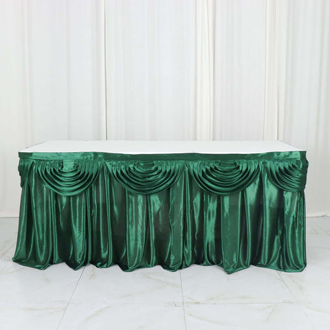 Satin 14ft Table Skirt Hunter Emerald Green - Pleated Double Drape Table Cover