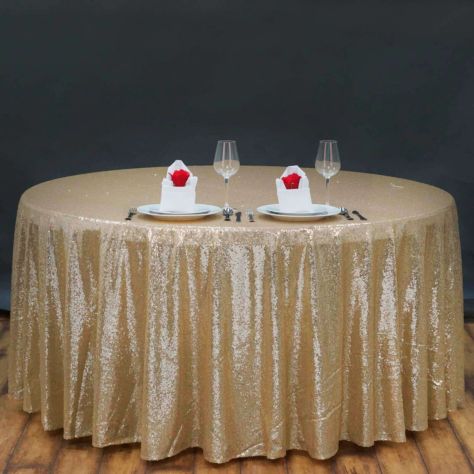Sequin 132" Round Tablecloth Champagne - Seamless Dazzling Table Cover
