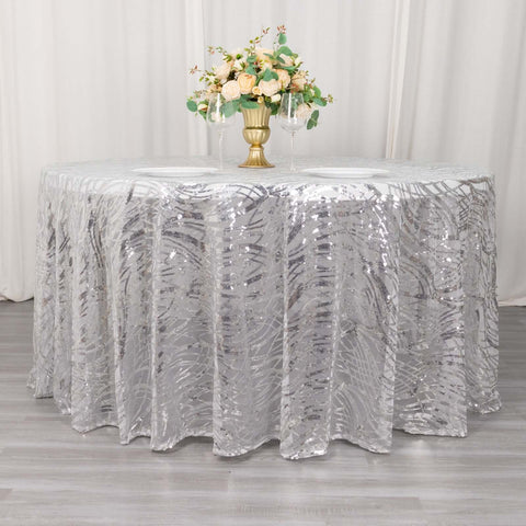 Sequin Mesh 120" Round Tablecloth Silver - Seamless Wave Embroidered Table Cover