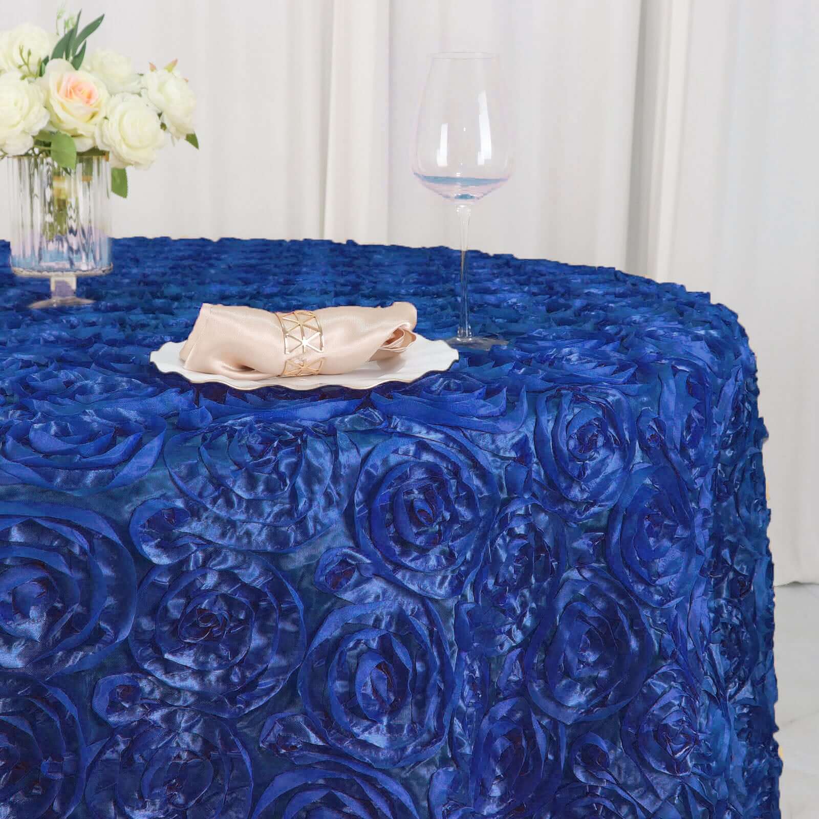 Satin 120" Round Tablecloth Royal Blue - Grandiose 3D Rosette with Seamless Finish Table Cover