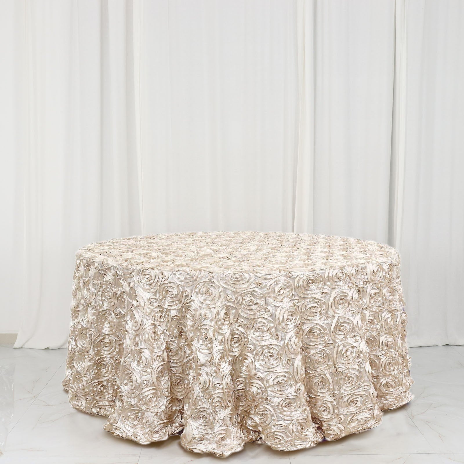 Satin 120" Round Tablecloth Beige - Grandiose 3D Rosette with Seamless Finish Table Cover