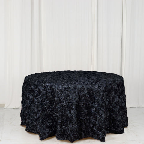 Satin 120" Round Tablecloth Black - Grandiose 3D Rosette with Seamless Finish Table Cover