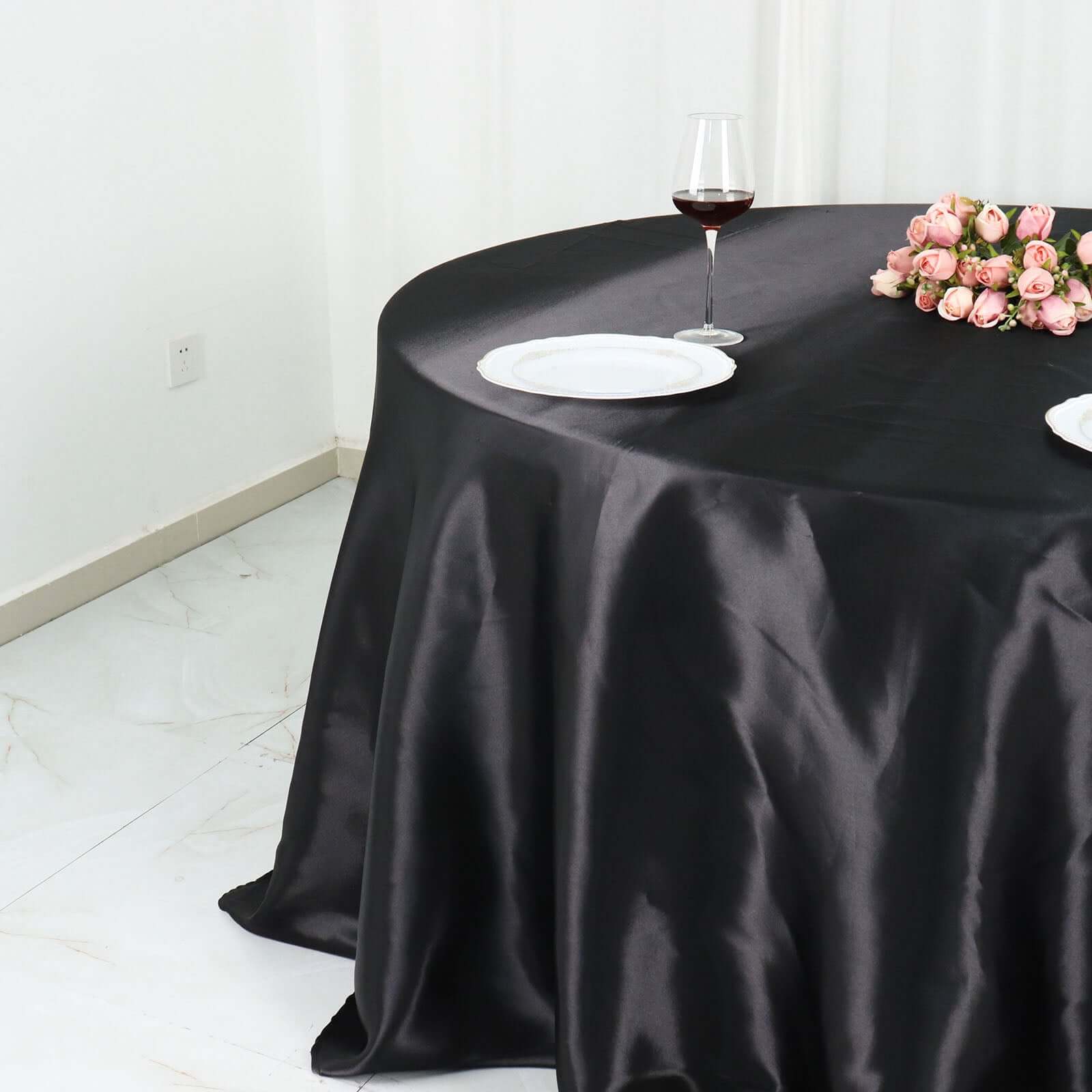 Satin 132" Round Tablecloth Black - Stylish Seamless Table Cover for Weddings & Events